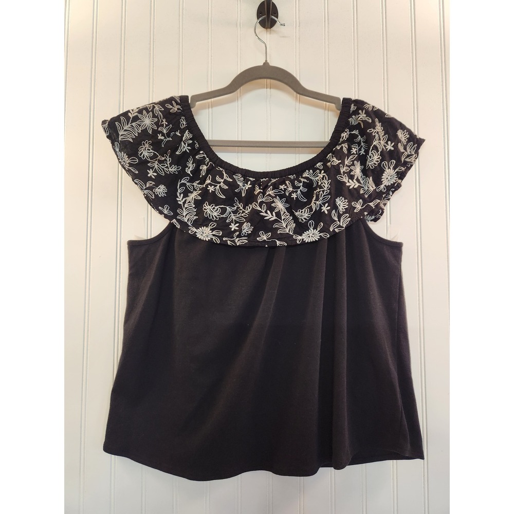 Calligraphie Black Floral Embroidered Ruffle Neck Top XL‎ Boho Sleeveless Blouse